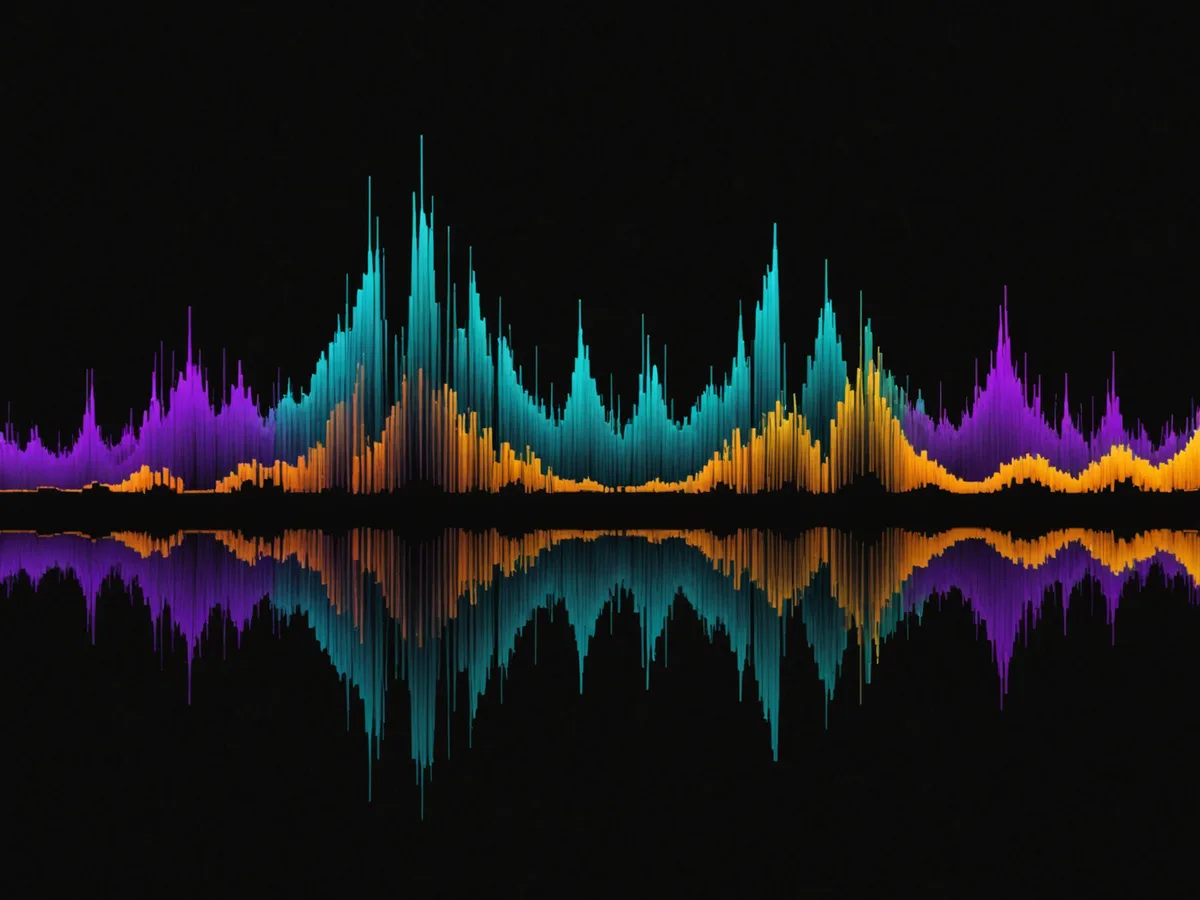 Abstract visualization of four audio stems — colored waveform bands representing melody, harmony, rhythm and mix layers against a dark background