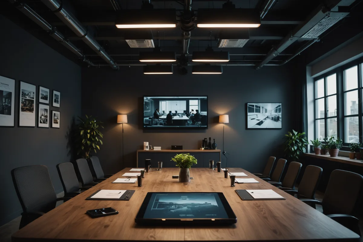Advertising agency creative session — team reviewing a campaign with audio elements